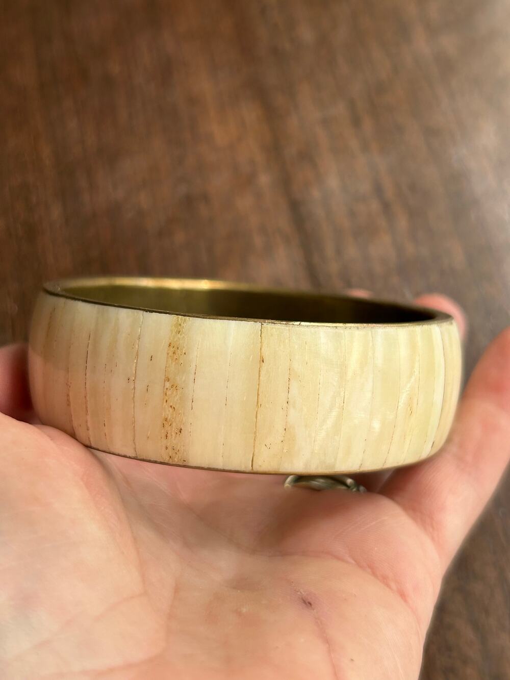 Vintage brass and bone or horn inlay bangle